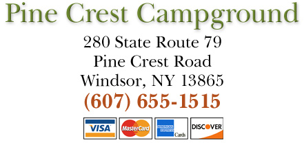 Pine Crest Campground, 280 State Route 79, Pine Crest Road, Windsor, NY 13865 - (607) 655-1515 We accept all major credit cards.